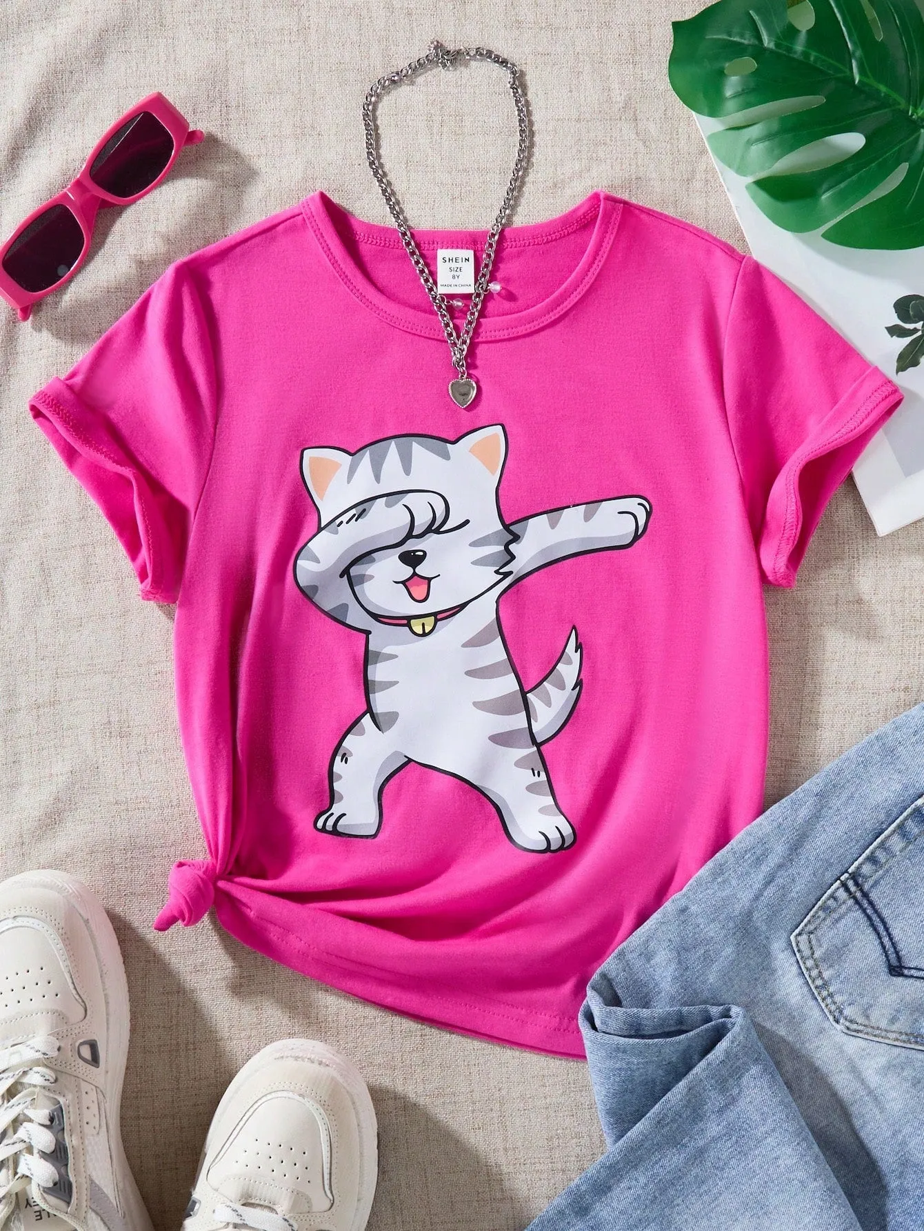 Girls' Cute Oversized Cat Slogan T-Shirt - Soft Cotton, Short Sleeve, Casual Style