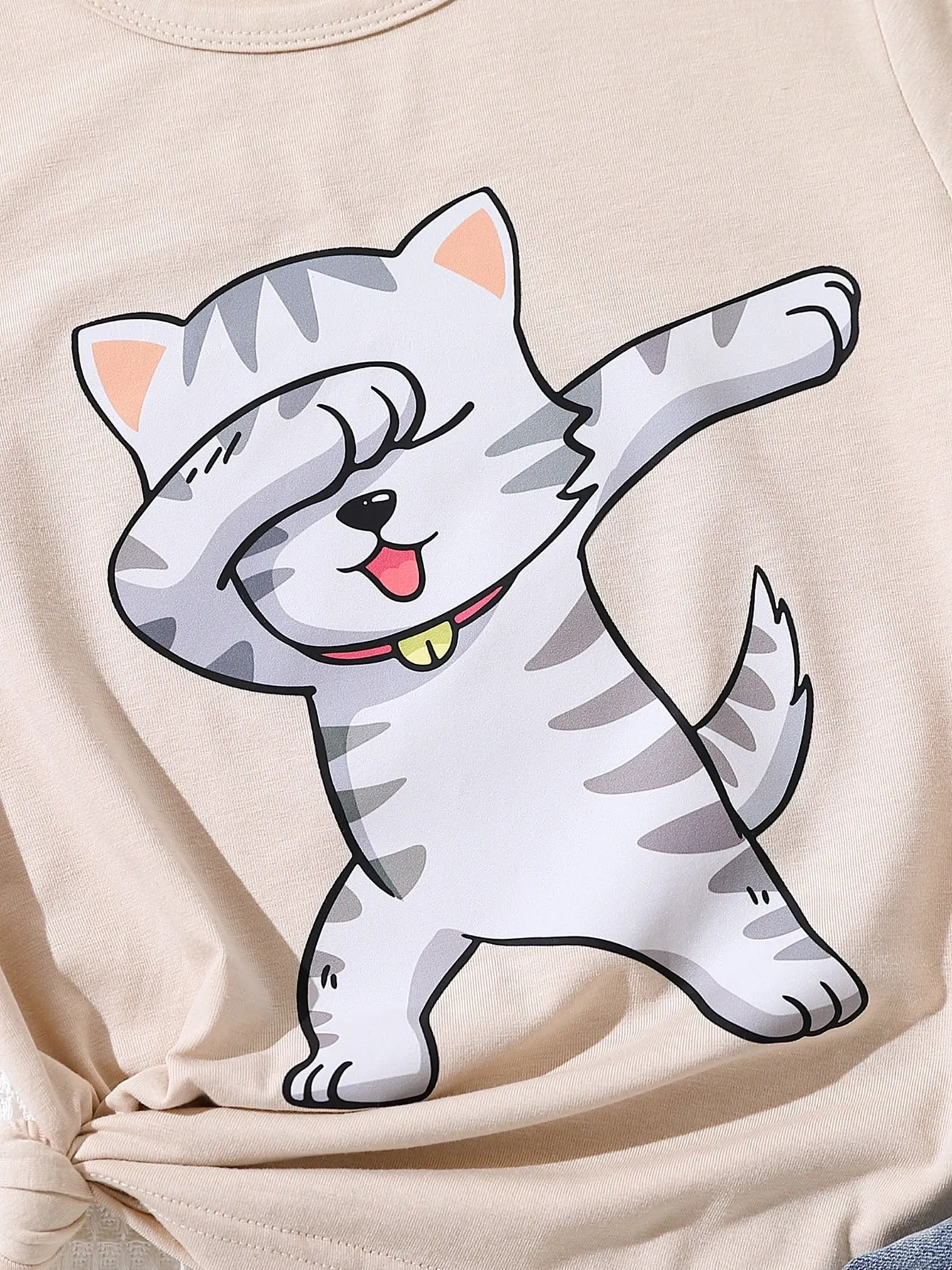 Girls' Cute Oversized Cat Slogan T-Shirt - Soft Cotton, Short Sleeve, Casual Style