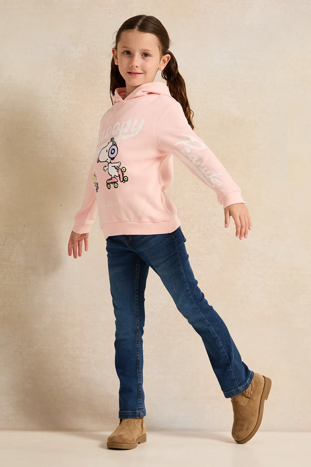 Girls Pink Snoopy Print Hooded Sweatshirt