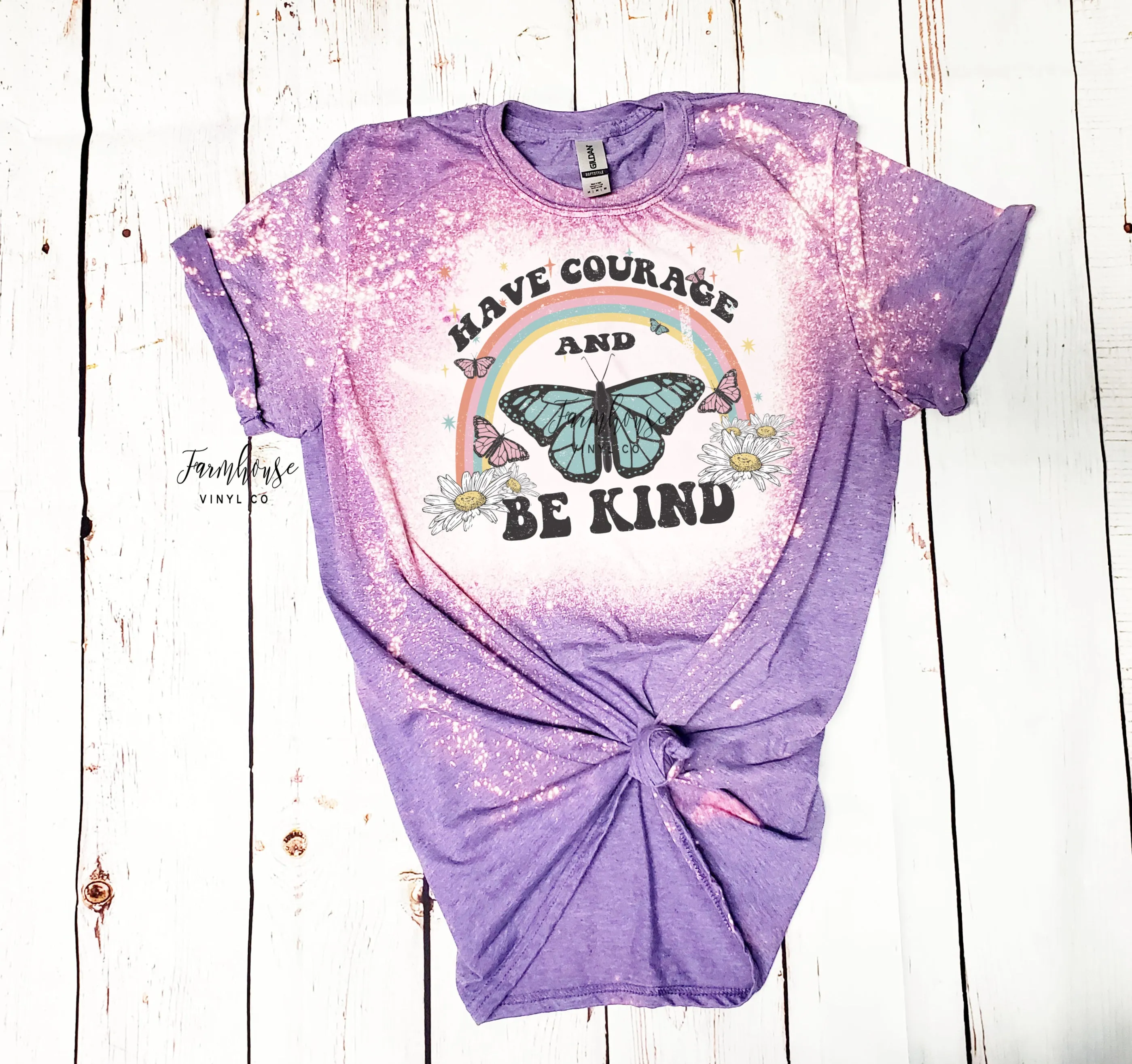 Have Courage and Be Kind Rainbow and Butterfly Bleached Shirt