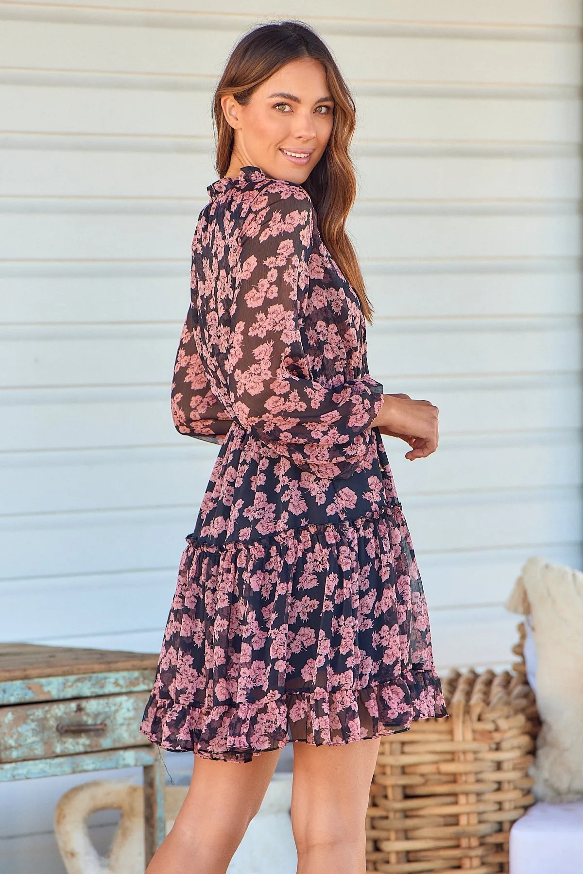 Jane Black/Pink Floral Chiffon Long Sleeve Dress