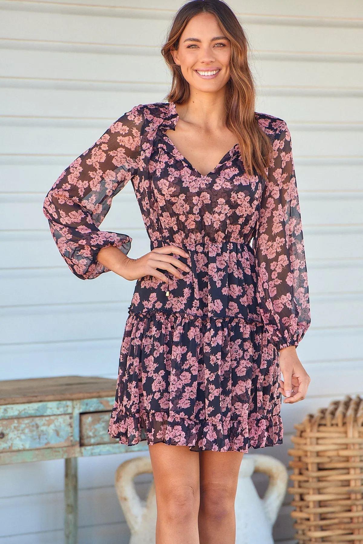 Jane Black/Pink Floral Chiffon Long Sleeve Dress