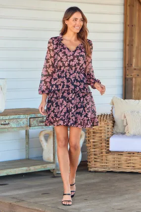 Jane Black/Pink Floral Chiffon Long Sleeve Dress