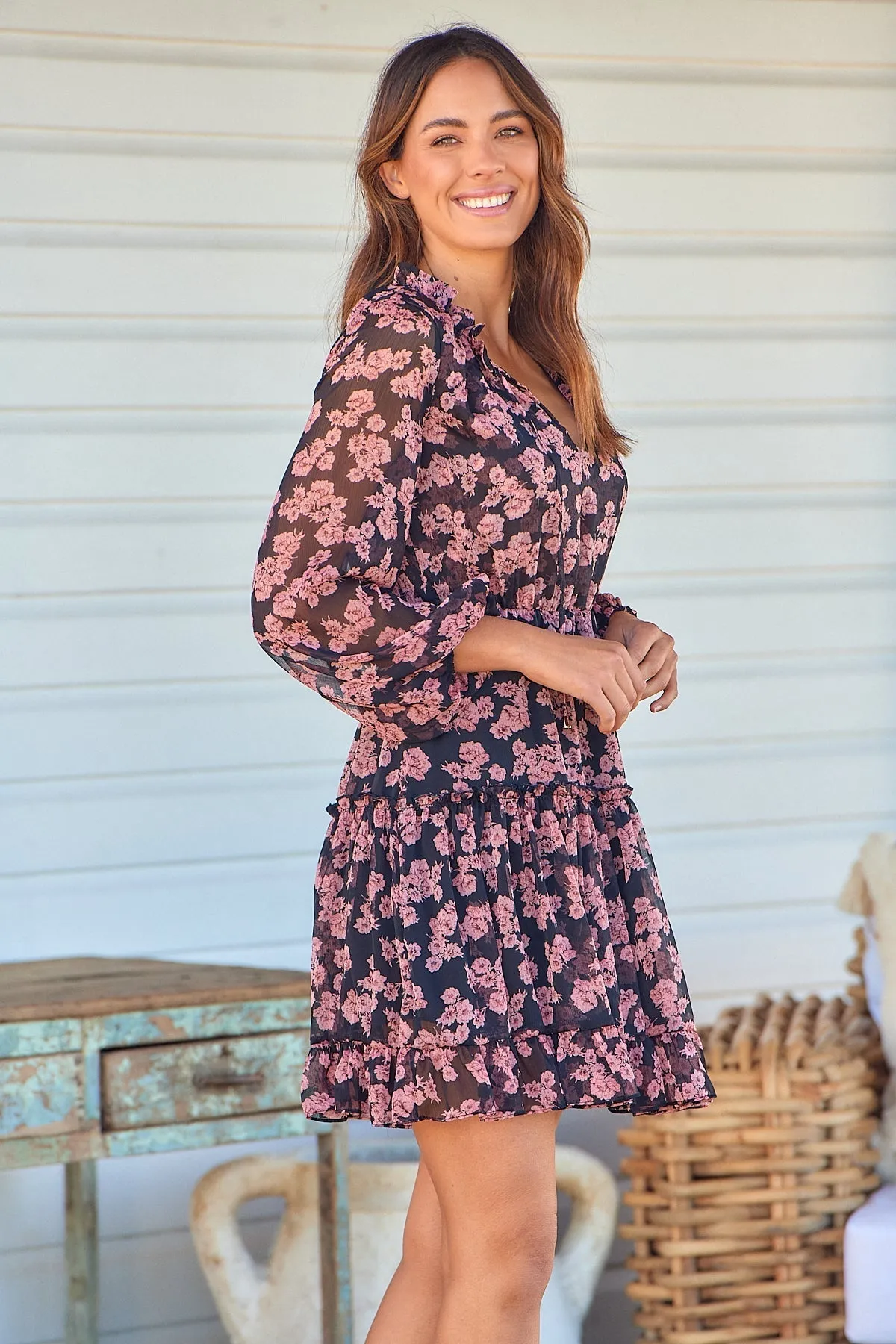 Jane Black/Pink Floral Chiffon Long Sleeve Dress