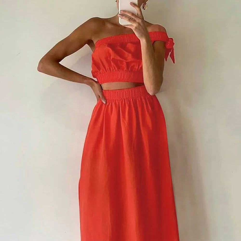 Khaki & Orange One Shoulder Tie Side Crop Top & Skirt