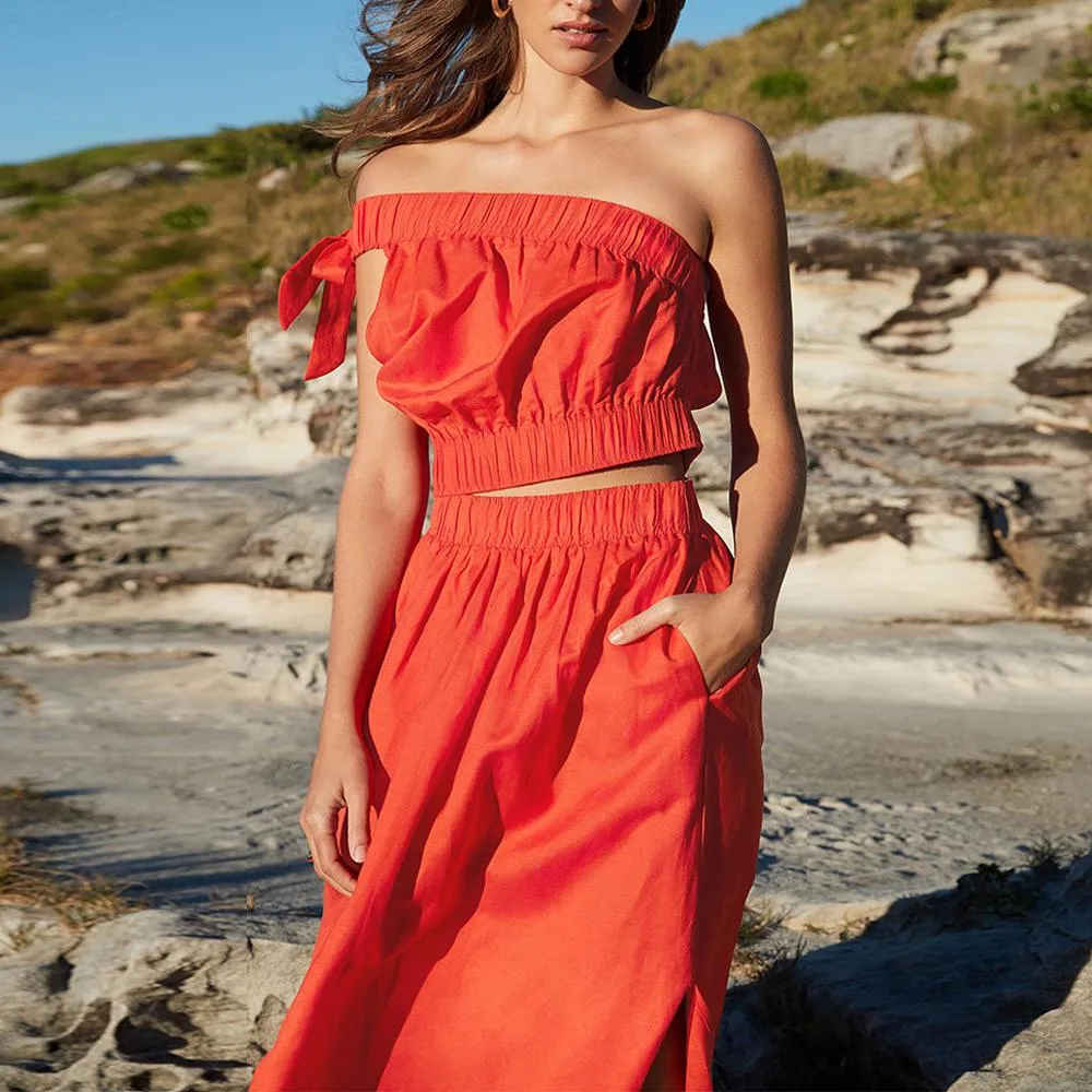 Khaki & Orange One Shoulder Tie Side Crop Top & Skirt