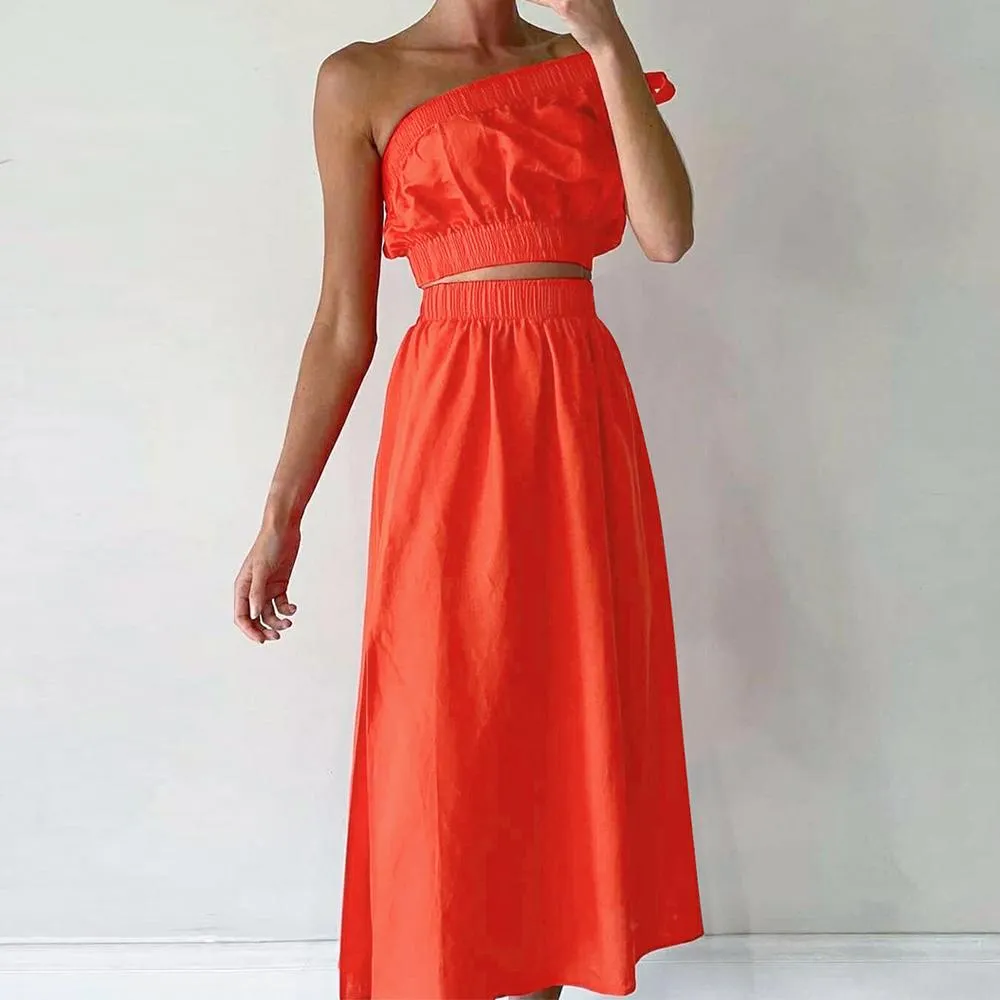 Khaki & Orange One Shoulder Tie Side Crop Top & Skirt