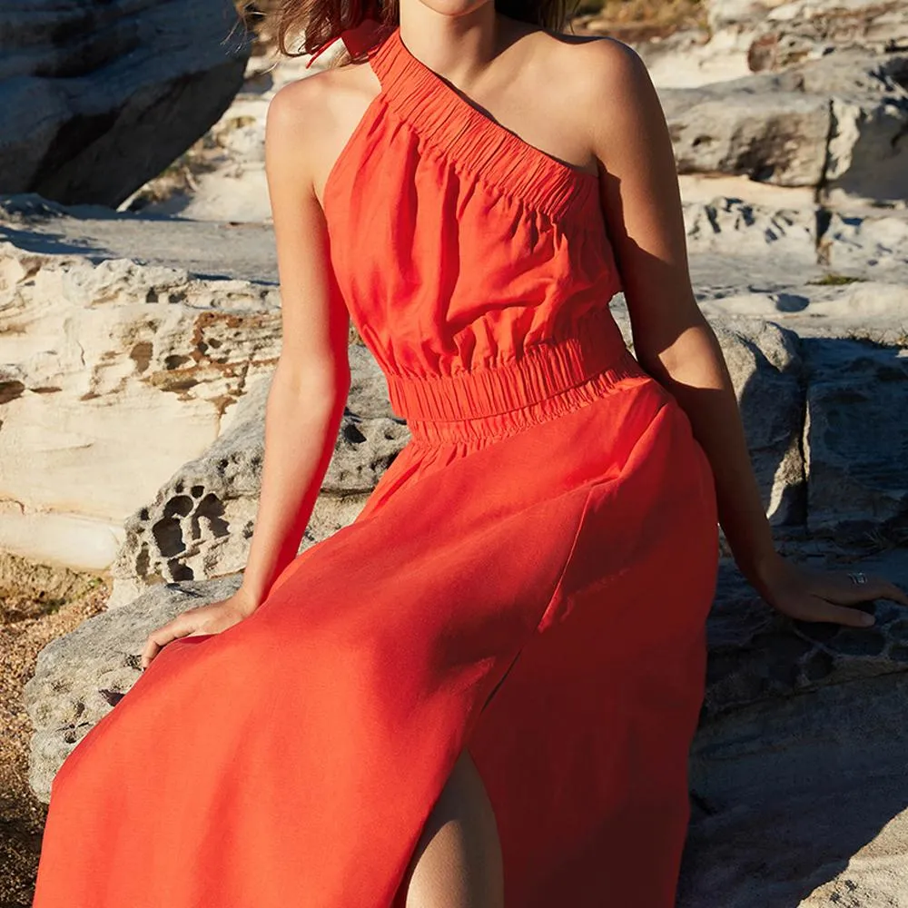 Khaki & Orange One Shoulder Tie Side Crop Top & Skirt