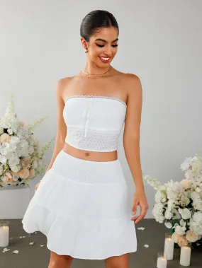 Lace Trim Tie Front Ruffle Tube Top&Ruffle Flared Hem Skirt