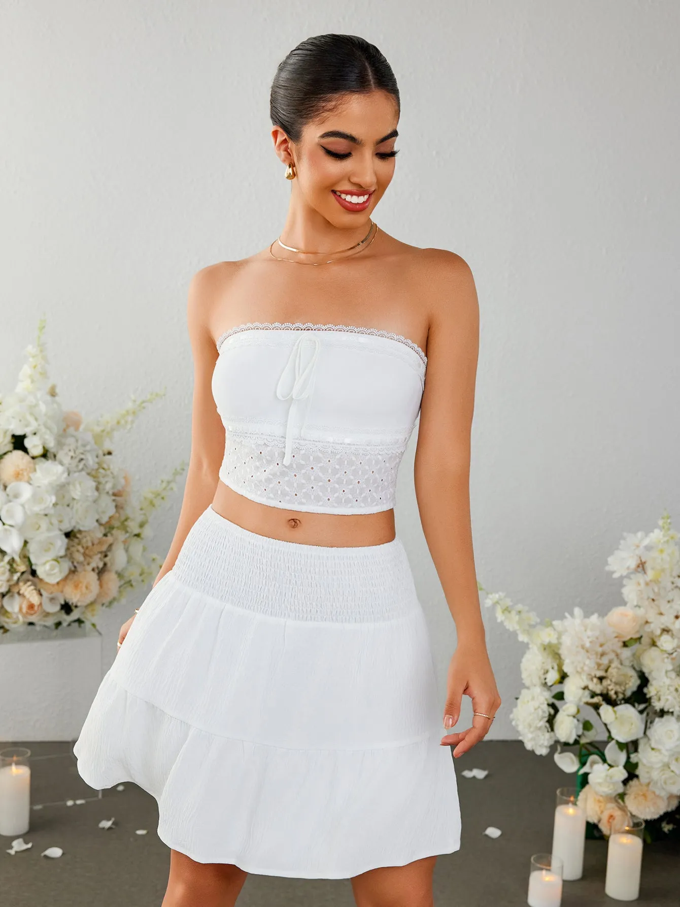 Lace Trim Tie Front Ruffle Tube Top&Ruffle Flared Hem Skirt