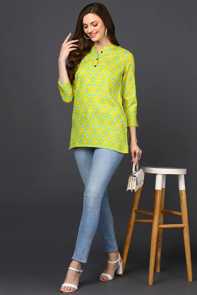 Lime Green Cotton Blend Geometric Printed Tunic Top