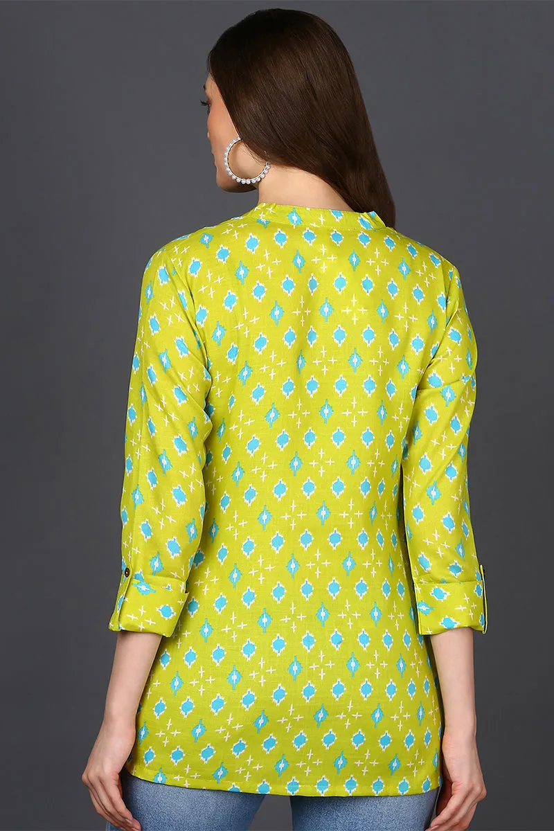 Lime Green Cotton Blend Geometric Printed Tunic Top