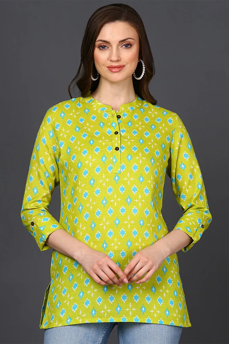 Lime Green Cotton Blend Geometric Printed Tunic Top