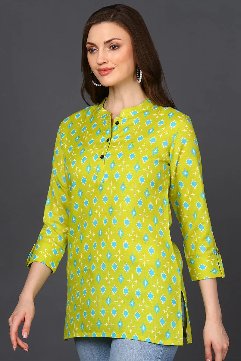 Lime Green Cotton Blend Geometric Printed Tunic Top