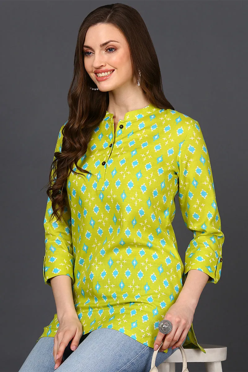 Lime Green Cotton Blend Geometric Printed Tunic Top