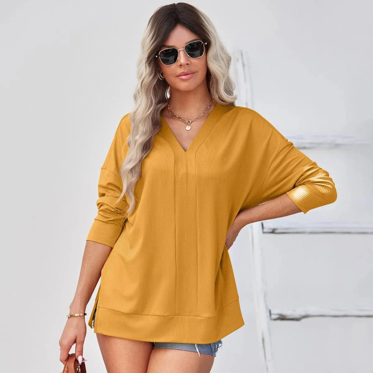 Long Sleeve V-Neck Knit Pullover Top