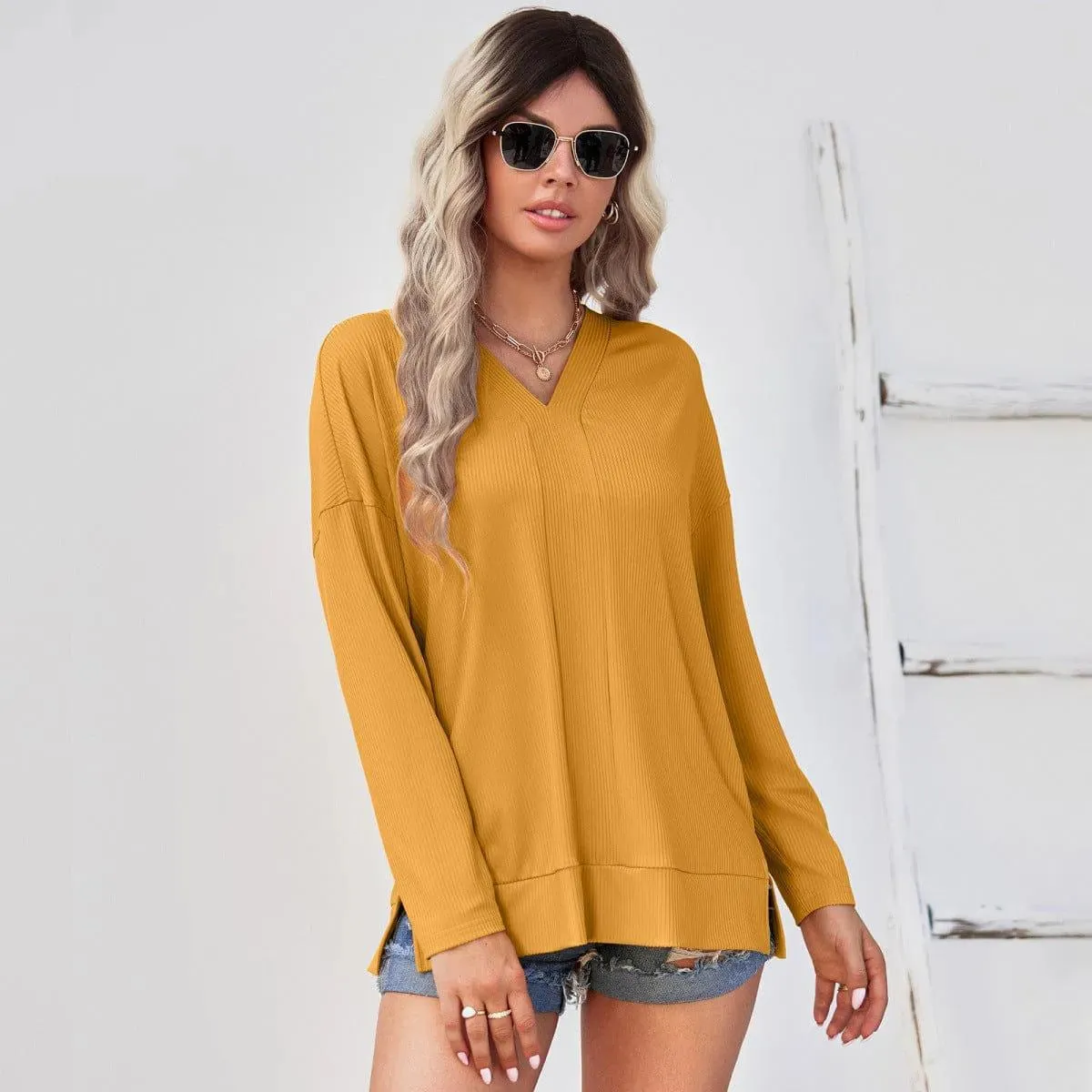 Long Sleeve V-Neck Knit Pullover Top