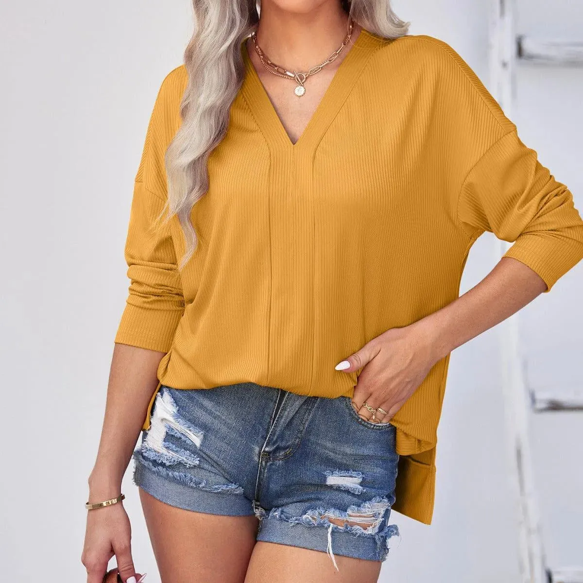 Long Sleeve V-Neck Knit Pullover Top