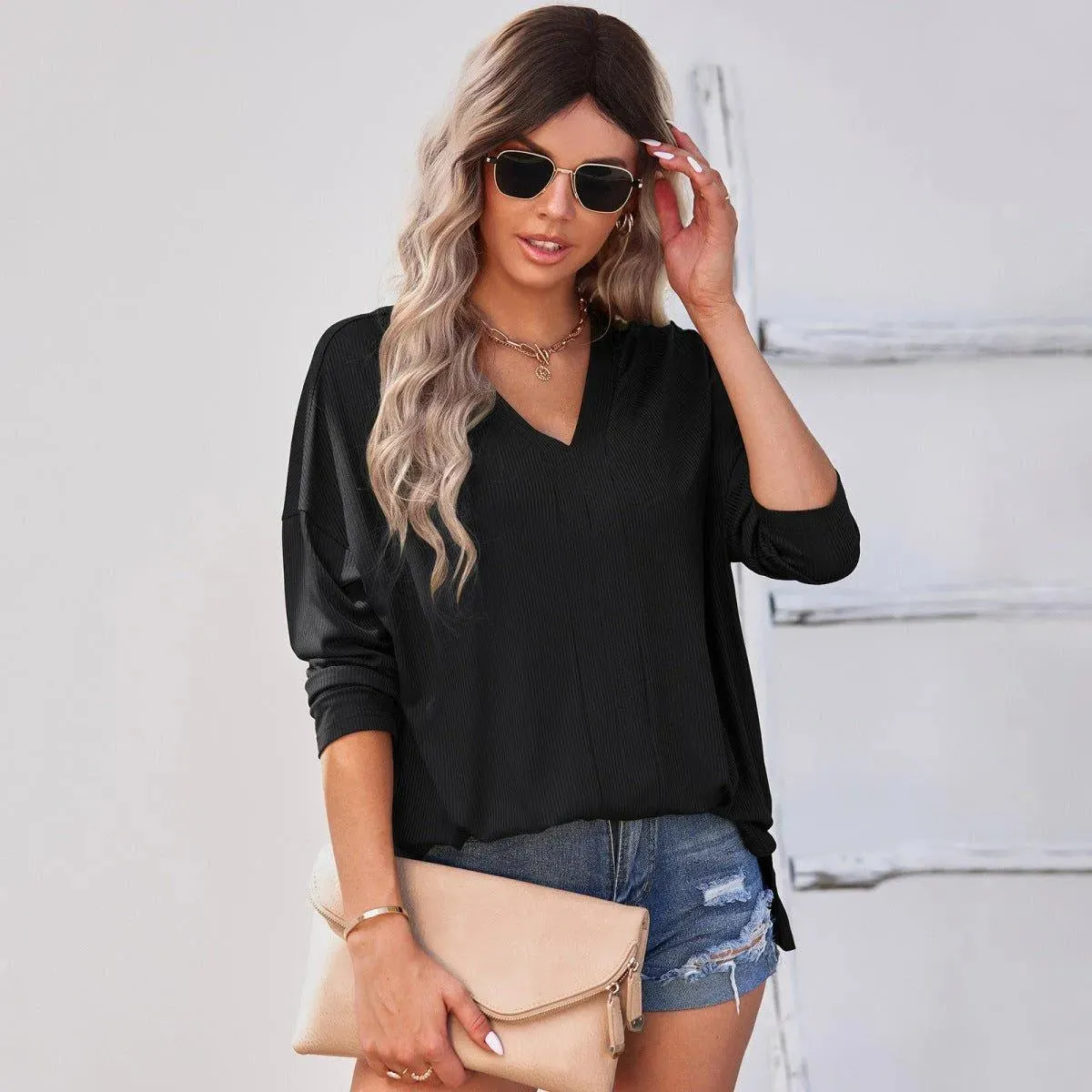 Long Sleeve V-Neck Knit Pullover Top