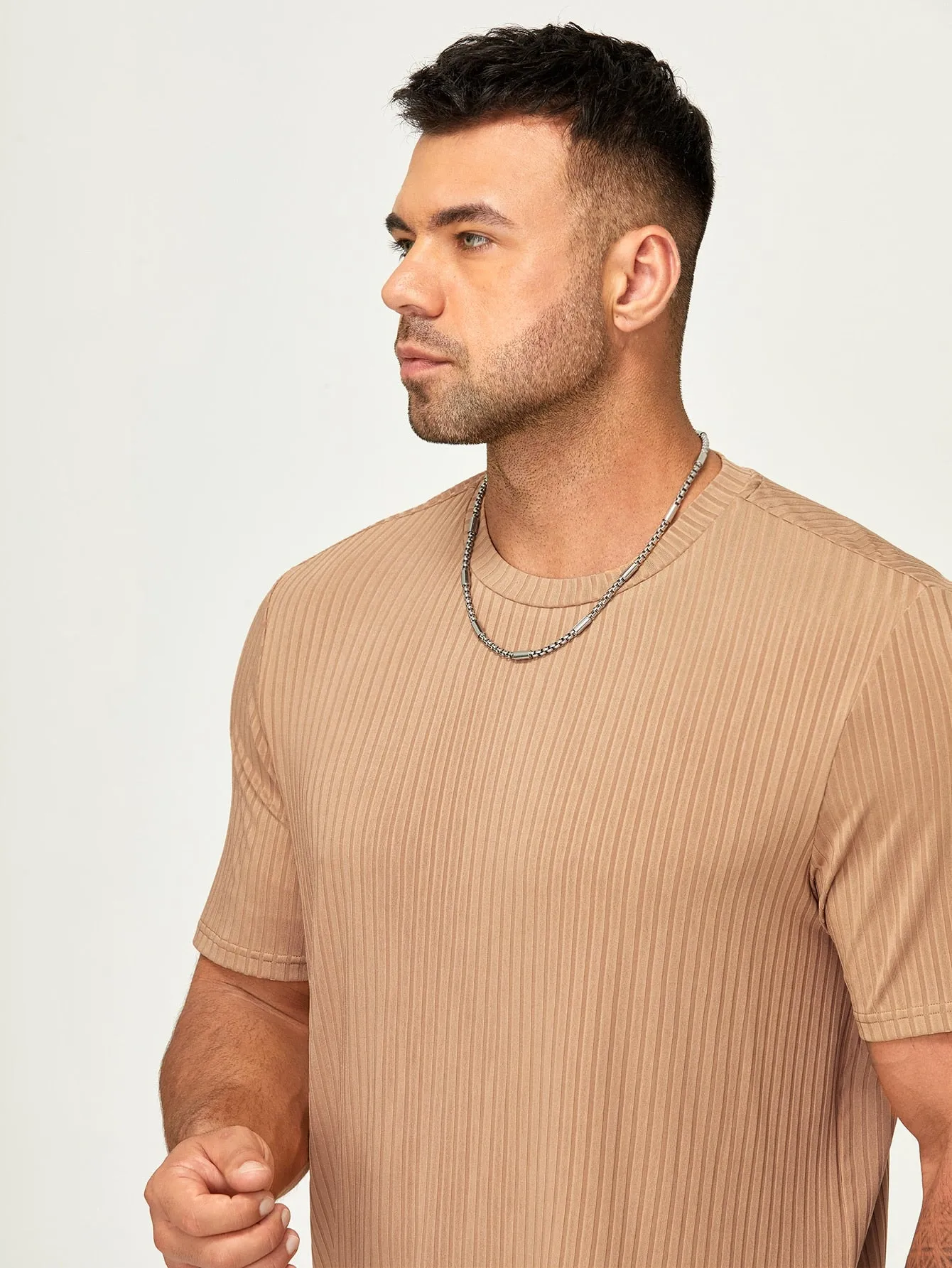 Men's Casual Slim Fit Rib-Knit Tee - Short Sleeve, Round Neck, Plain Pattern