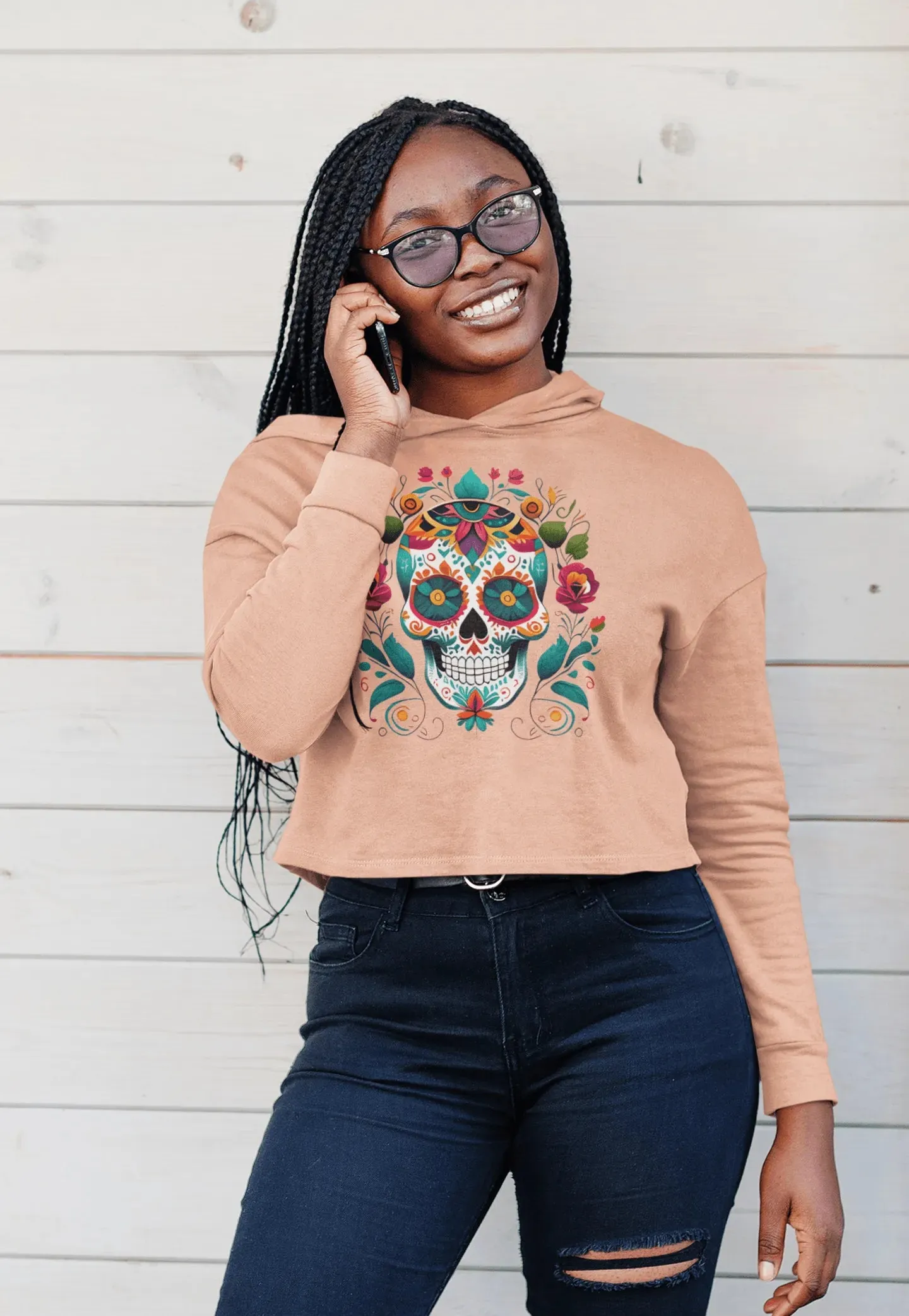 Mexican Sugar Skull Cropped Hoodie