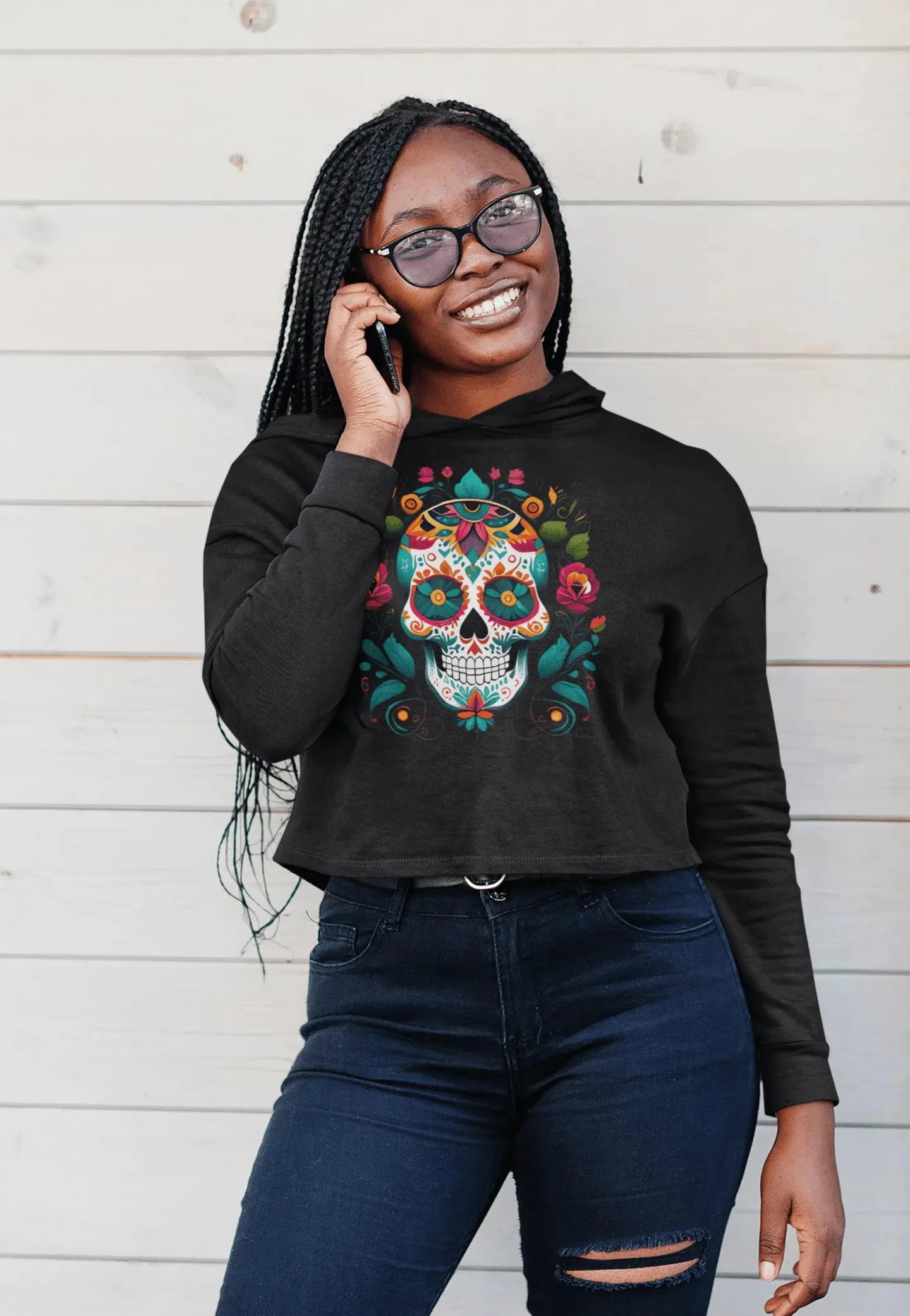 Mexican Sugar Skull Cropped Hoodie