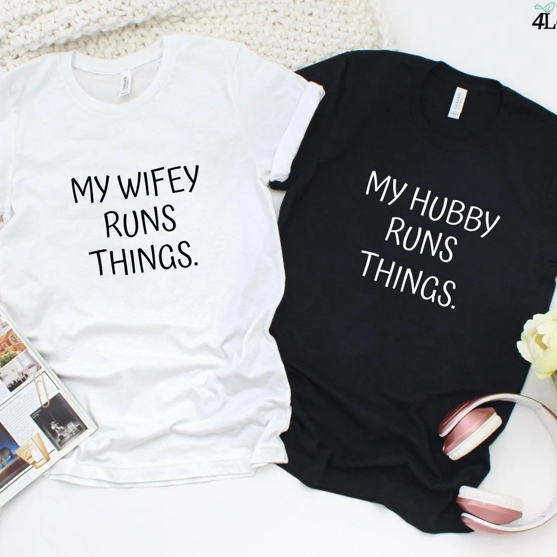 My Wifey / Hubby runs things Matching Set: Perfect for Honeymoon, Newlywed Gift, Cute Married Outfit Set