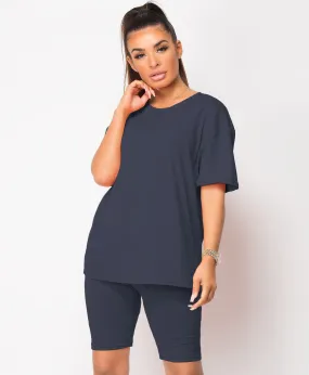 Navy Cycling Short & T-Shirt Co Ord Loungewear Set