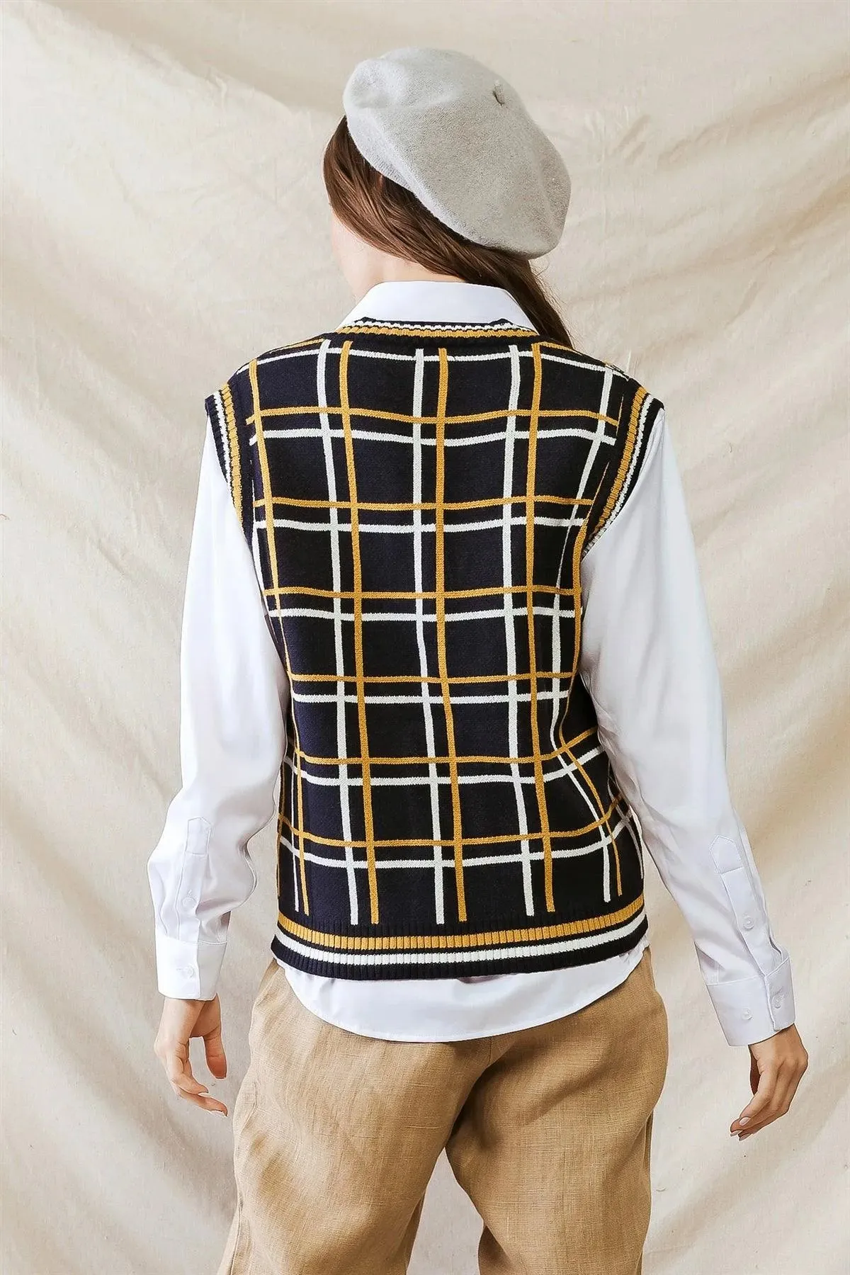 Navy White & Yellow Plaid Knit Sleeveless Vest /3-2-1