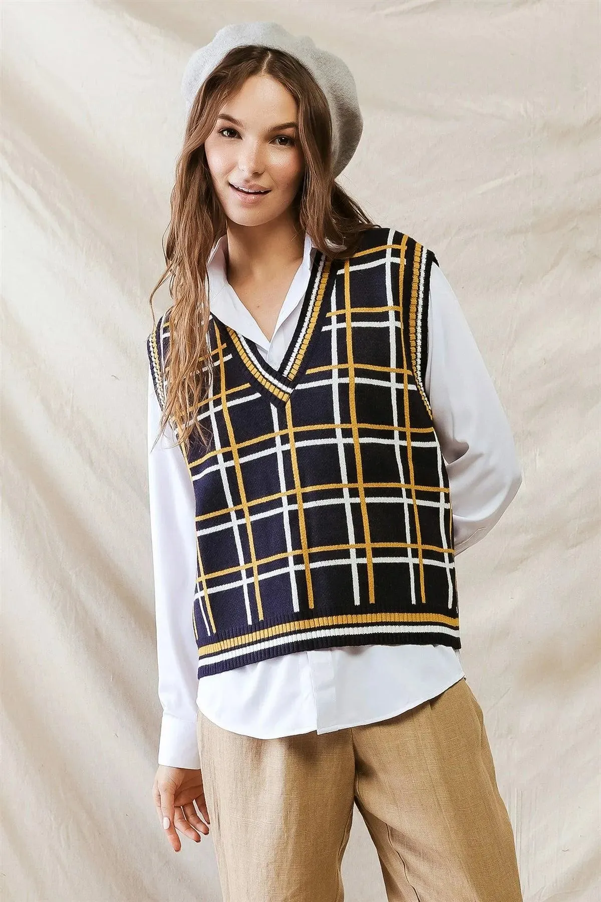 Navy White & Yellow Plaid Knit Sleeveless Vest /3-2-1