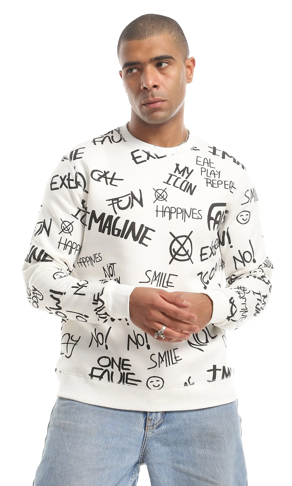 O151463 Multi-Printings Internal Fleece Sweatshirt - Off White