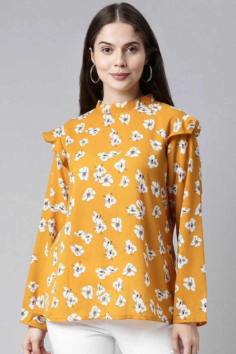 Ochre Yellow Georgette Floral Printed Full-Coverage Top