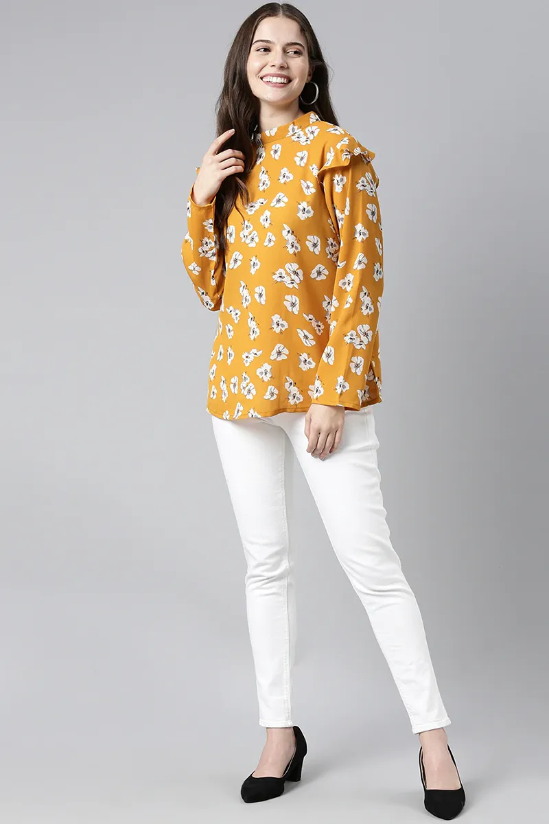 Ochre Yellow Georgette Floral Printed Full-Coverage Top