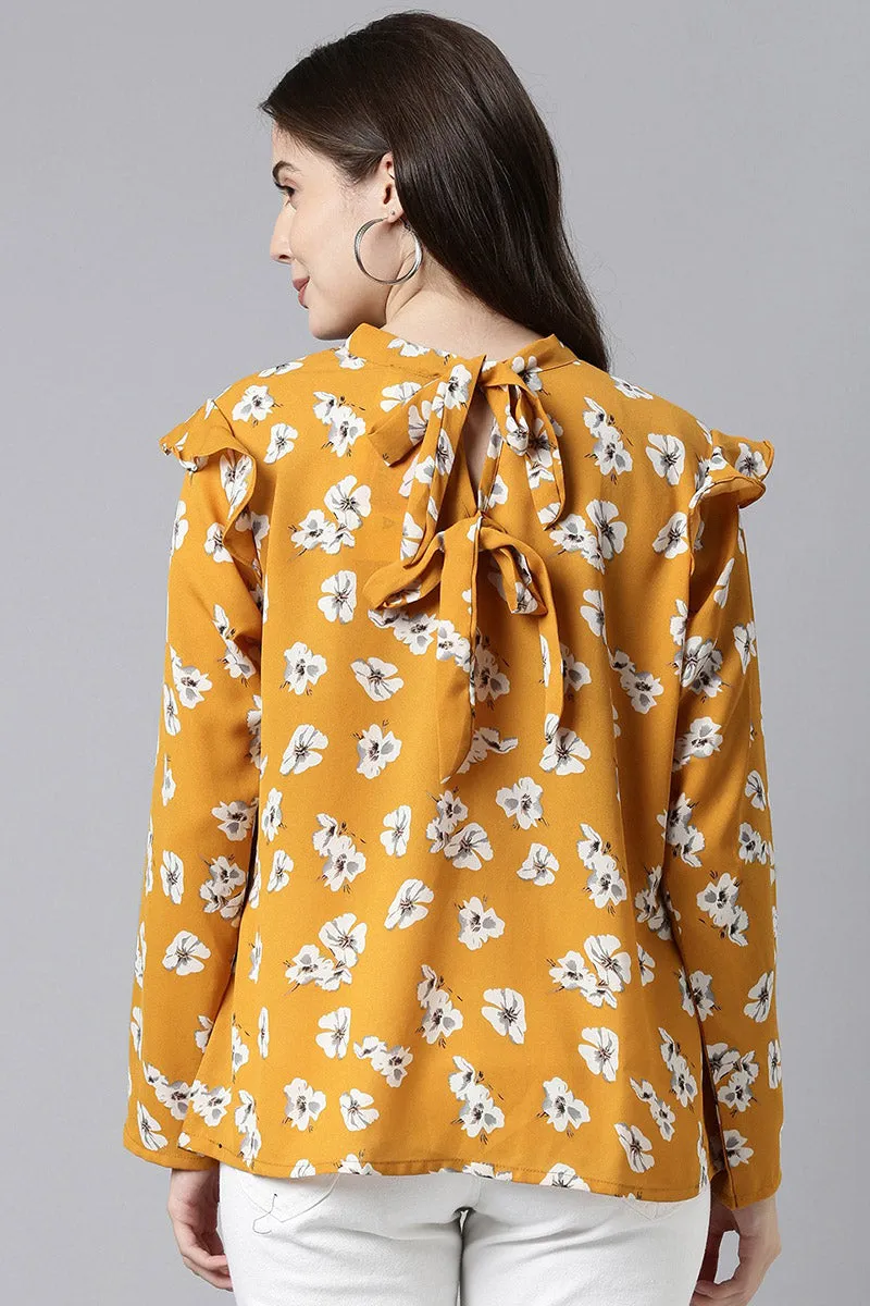 Ochre Yellow Georgette Floral Printed Full-Coverage Top