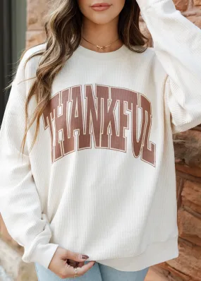 "Thankful" Beige Corded Crew