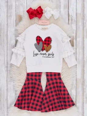 Red & Black Plaid Hearts Bell Bottoms Outfit