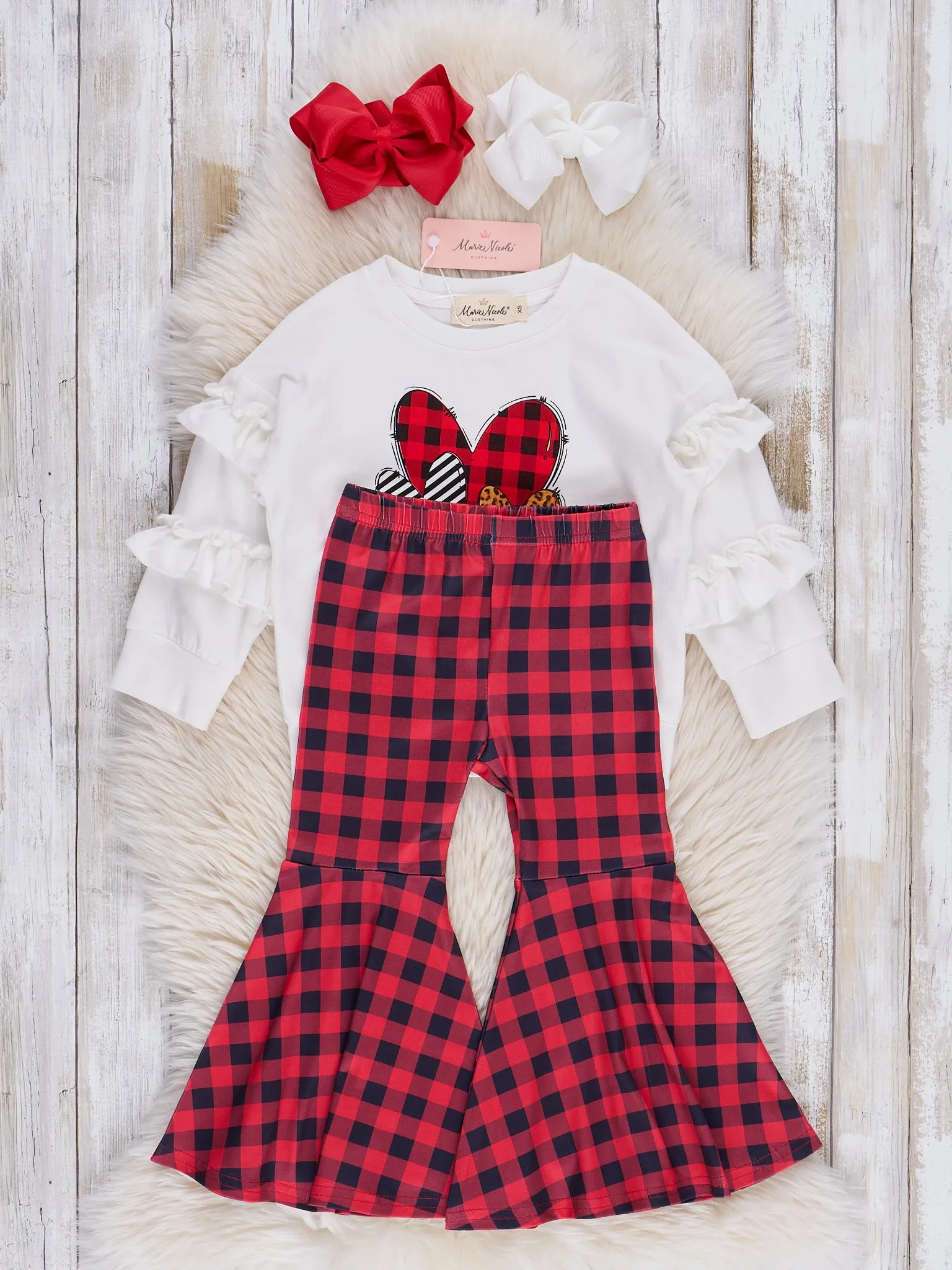 Red & Black Plaid Hearts Bell Bottoms Outfit