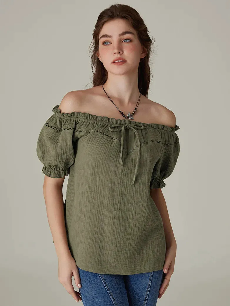 Renaissance Off Shoulder Lace-up Cotton Tops