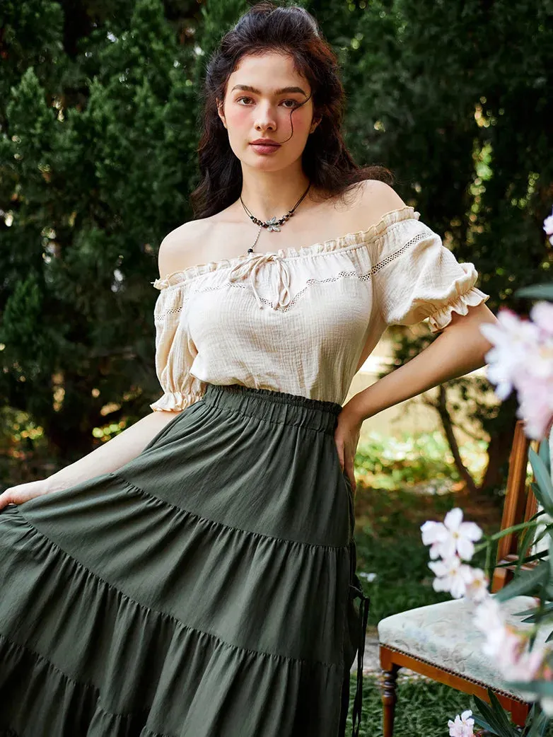 Renaissance Off Shoulder Lace-up Cotton Tops