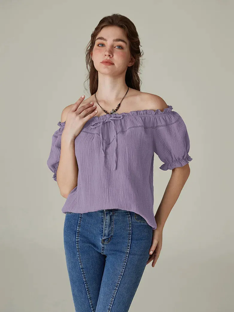 Renaissance Off Shoulder Lace-up Cotton Tops