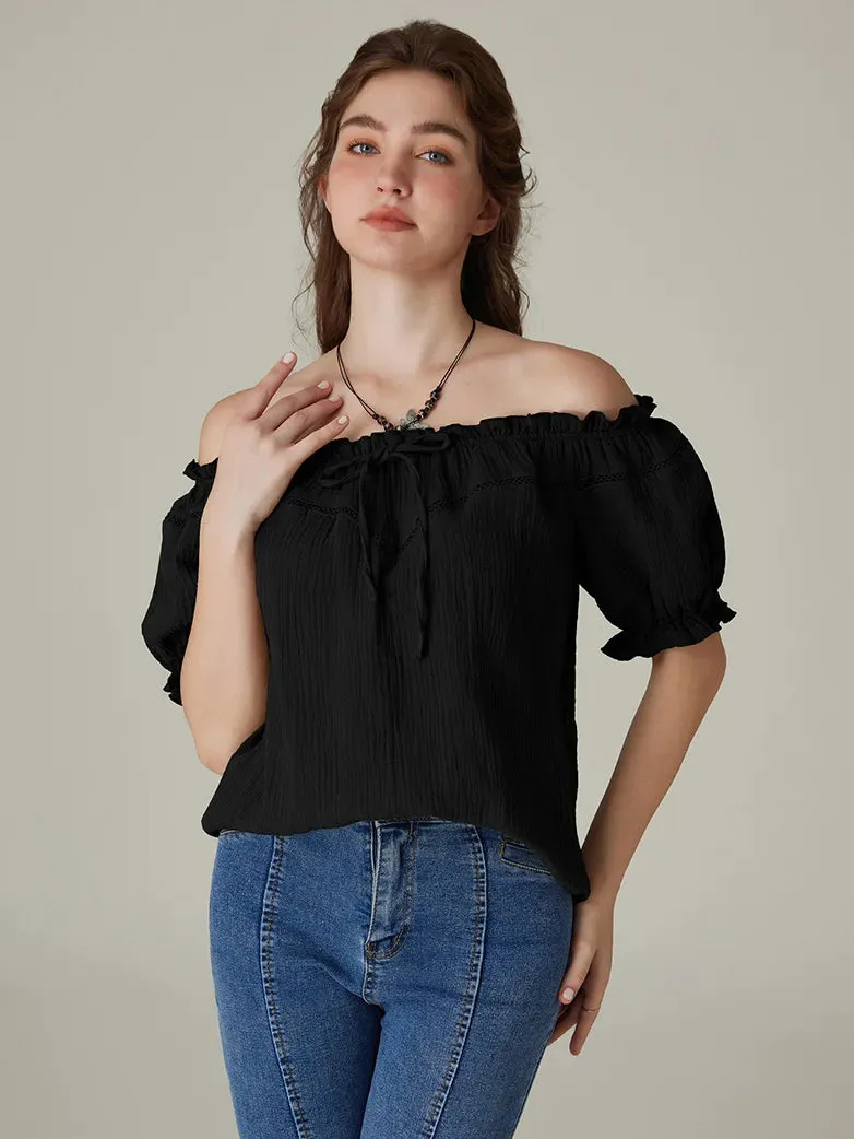 Renaissance Off Shoulder Lace-up Cotton Tops