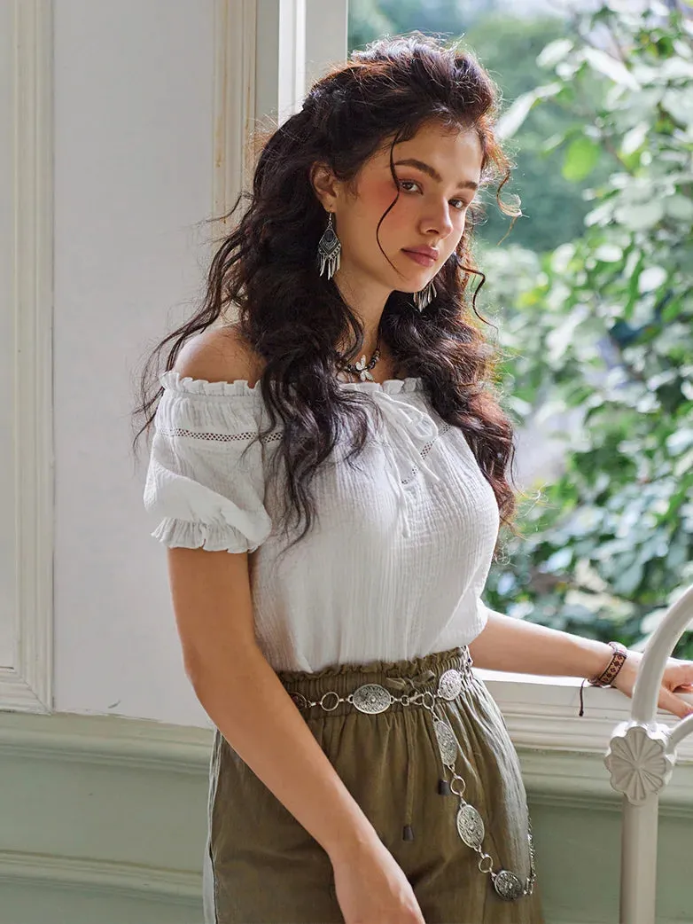 Renaissance Off Shoulder Lace-up Cotton Tops