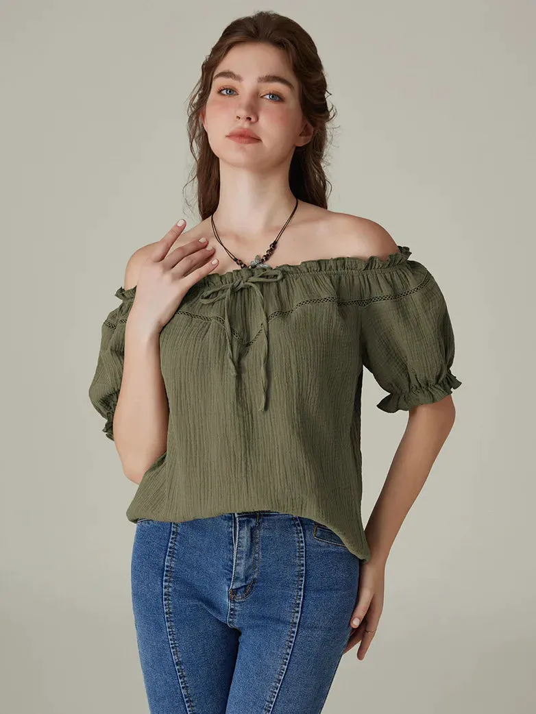 Renaissance Off Shoulder Lace-up Cotton Tops