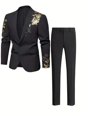 Riolio Floral Print Formal 2 Pieces Set, Men's One Button Suit Jacket & Dress Pants Suit Set For Business Dinner Wedding Party