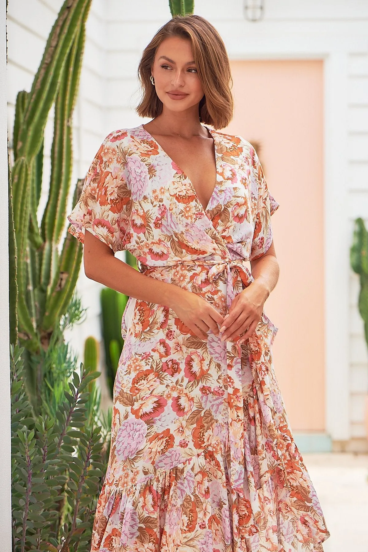 Scarlette Orange/Pink Floral Tie Waist Maxi Dress