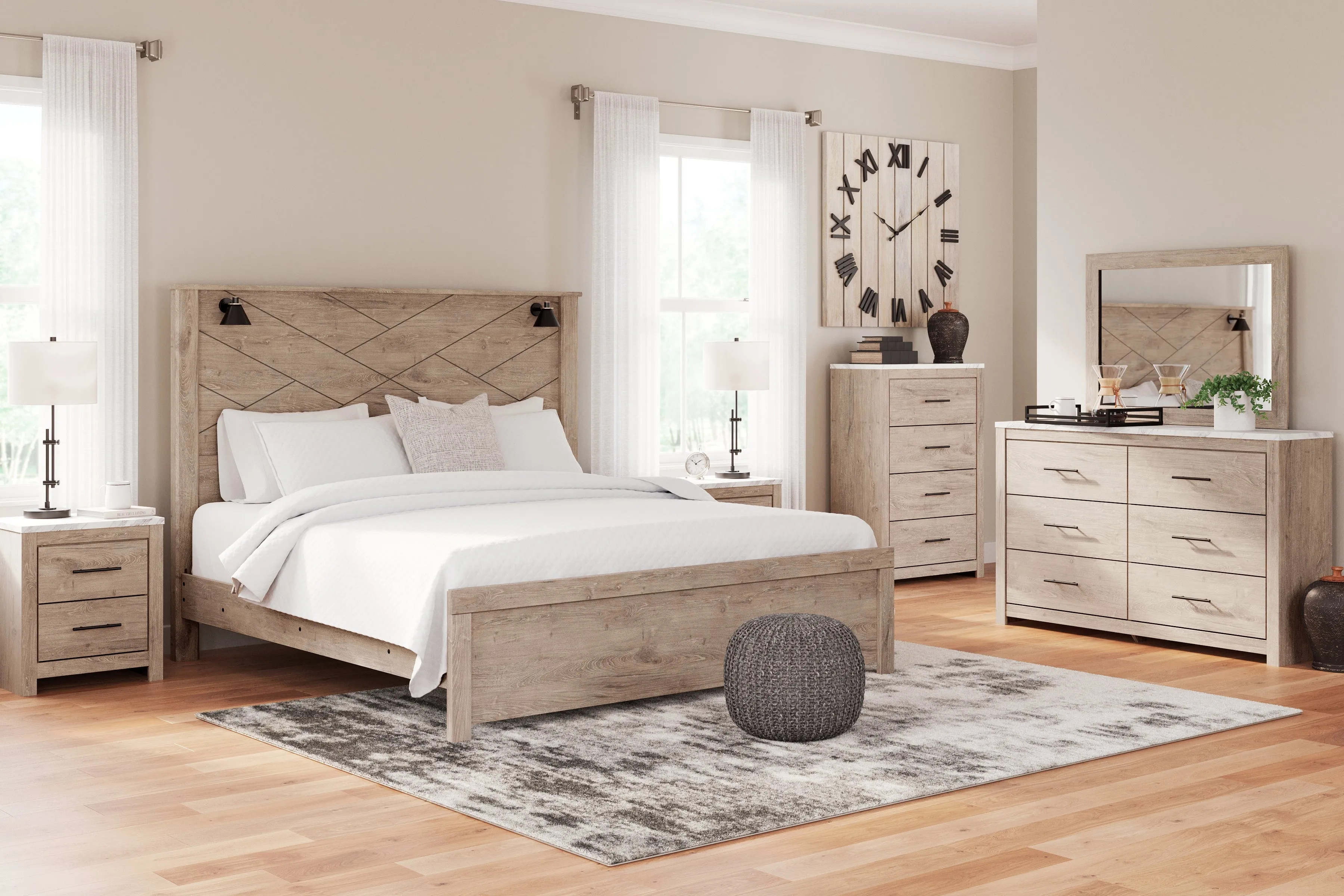 Senniberg King Panel Bed with Mirrored Dresser, Chest and Nightstand in Light Brown/White