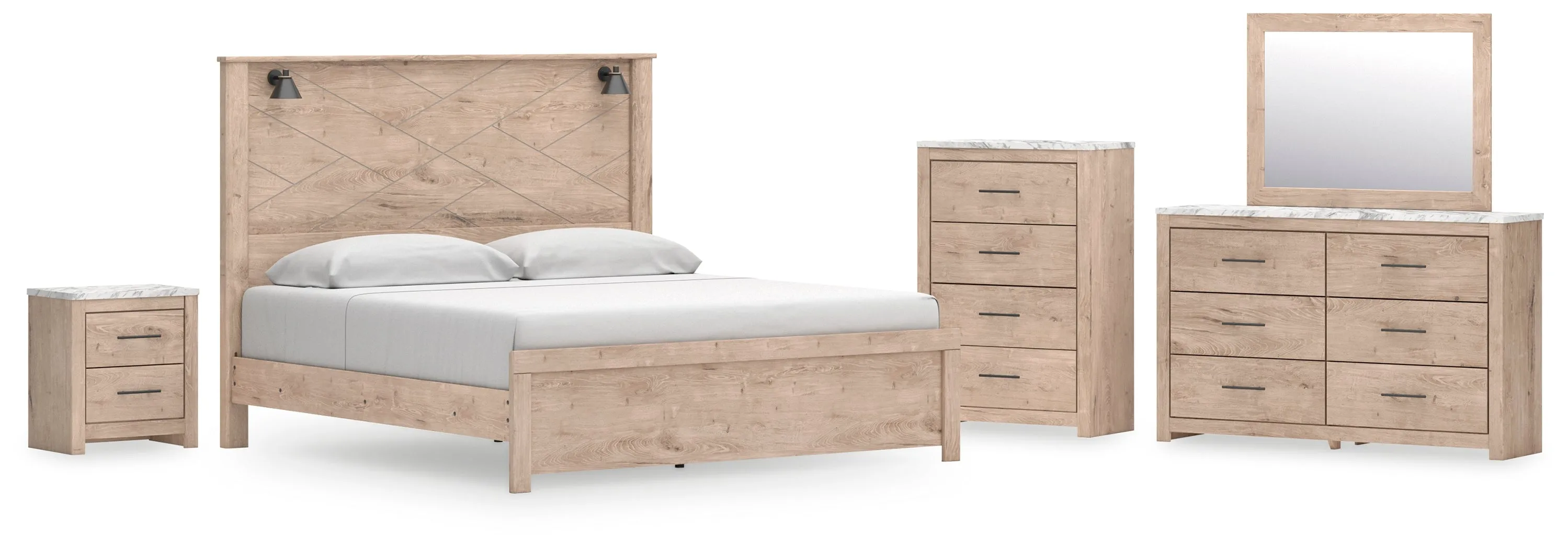 Senniberg King Panel Bed with Mirrored Dresser, Chest and Nightstand in Light Brown/White