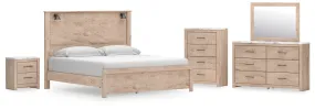 Senniberg King Panel Bed with Mirrored Dresser, Chest and Nightstand in Light Brown/White