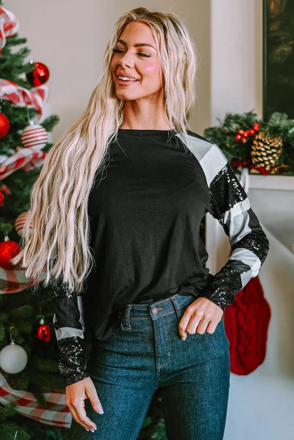 Sequin Plaid Raglan Sleeve Top