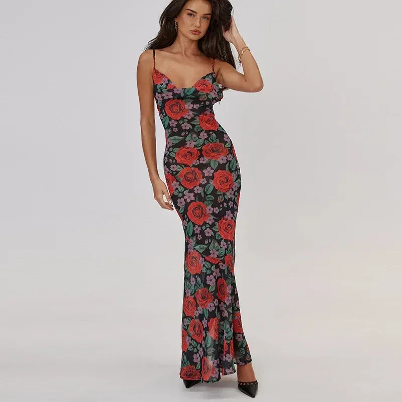 Sexy Sleeveless V Neck Party Club Backless Y2K Beach Sun Floral Dress